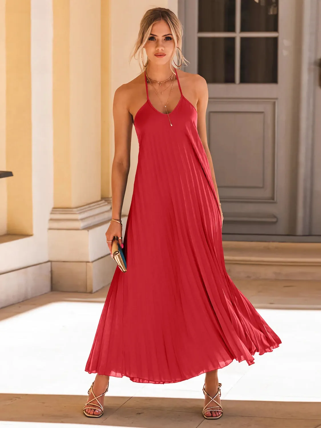 Pleated Halter Neck Sleeveless Maxi Resort Dress