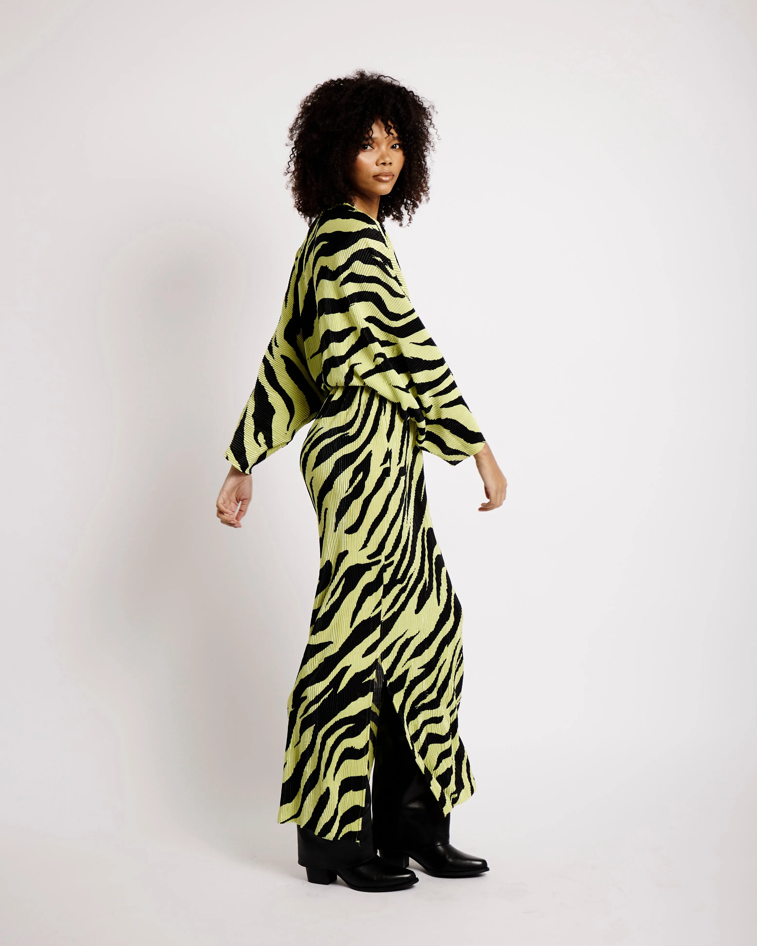 plisse black zebra Dress in Black and Lime