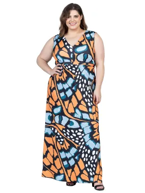 Plus Size Orange Butterfly Print V Neck Tie Back Empire Waist Sleeveless Maxi Dress