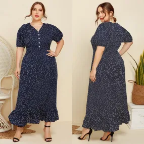 Plus Size Summer Polka Dot Short Sleeved Long Dress