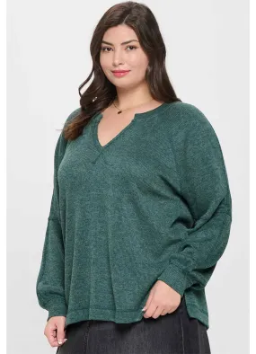 Plus Split Neck LS Raglan Knit Top in Hunter Green by Blu Pepper