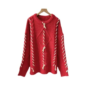 Pre Order:  Bow Knot Round Neck Long Sleeve Knitted Sweater