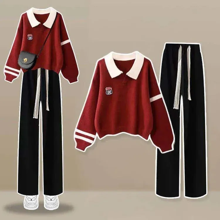 Preppy Lapel Striped Sweater Casual Pants Two Piece Set