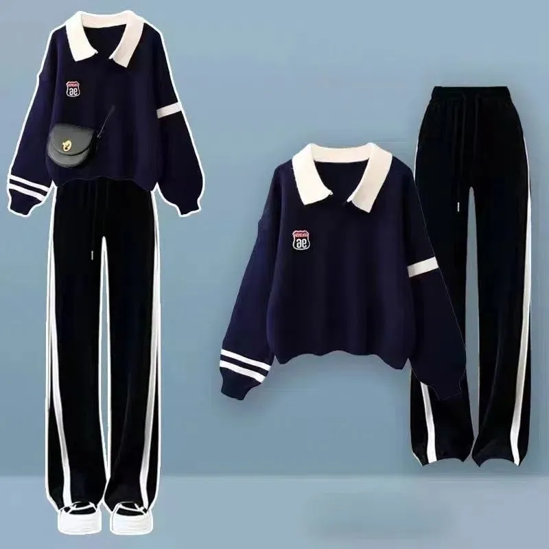 Preppy Lapel Striped Sweater Casual Pants Two Piece Set