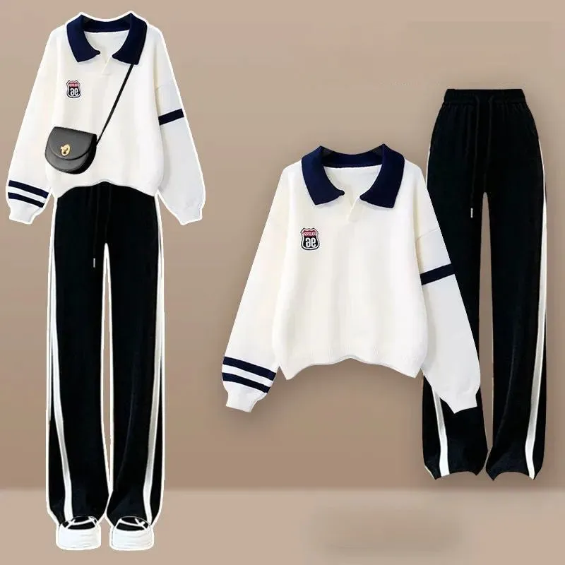 Preppy Lapel Striped Sweater Casual Pants Two Piece Set