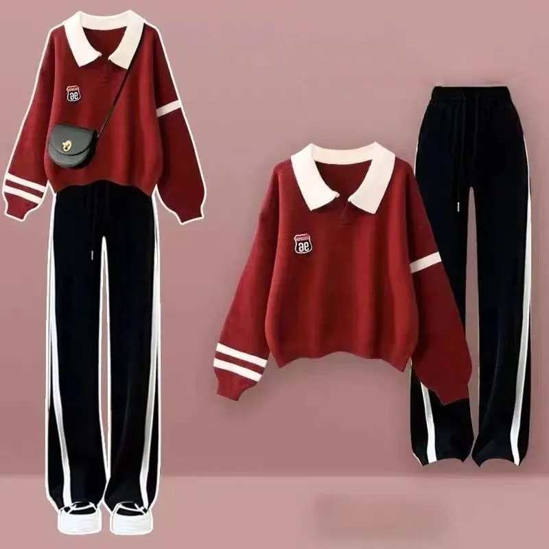 Preppy Lapel Striped Sweater Casual Pants Two Piece Set