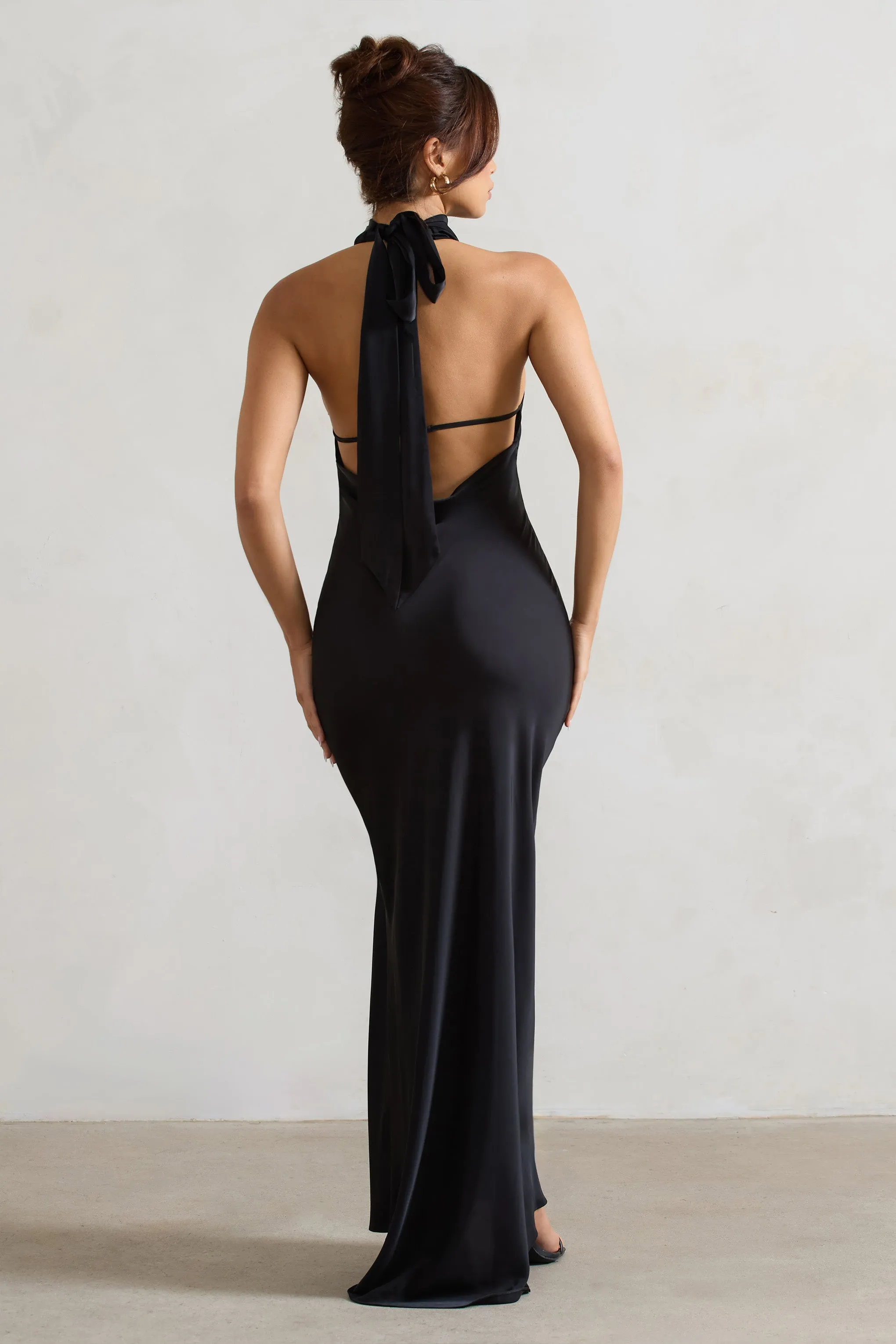 Priero | Black Cowl Halter-Neck Open Back Maxi Dress