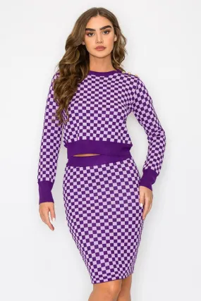 Purple Monochrome Check Sweater Set