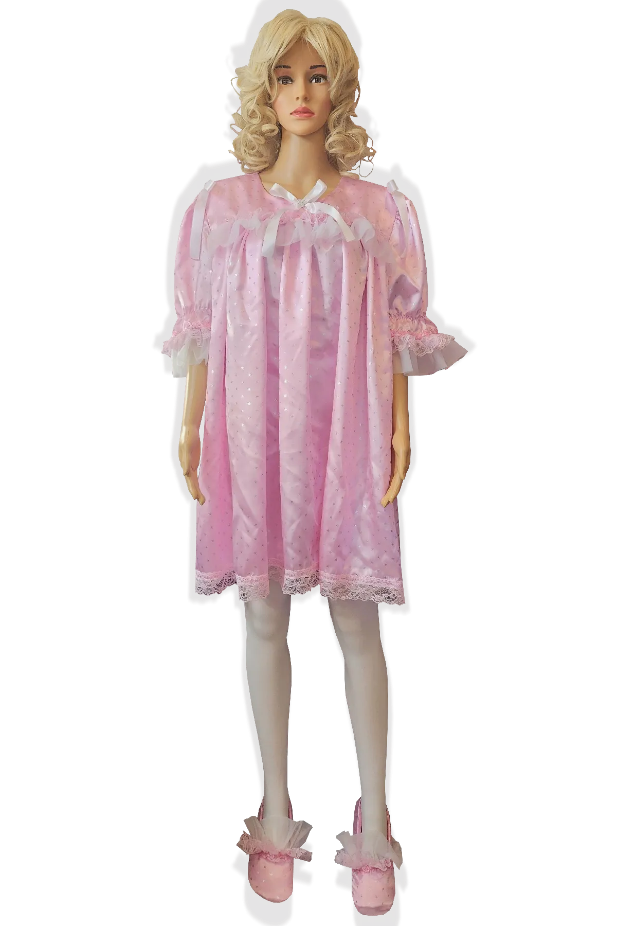 Ready to Wear Pink Silver Stars Satin and Slippers Adult Sissy Nightgown by Leanne's