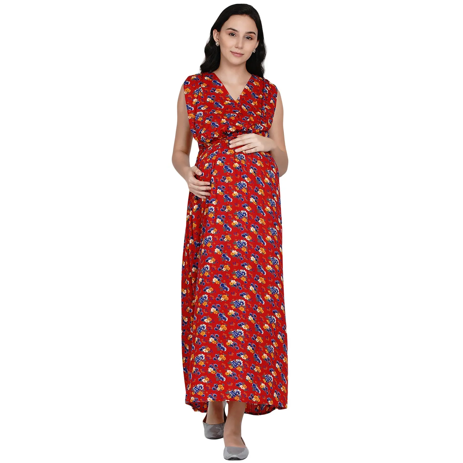 Red Floral Print Maternity Maxi Dress