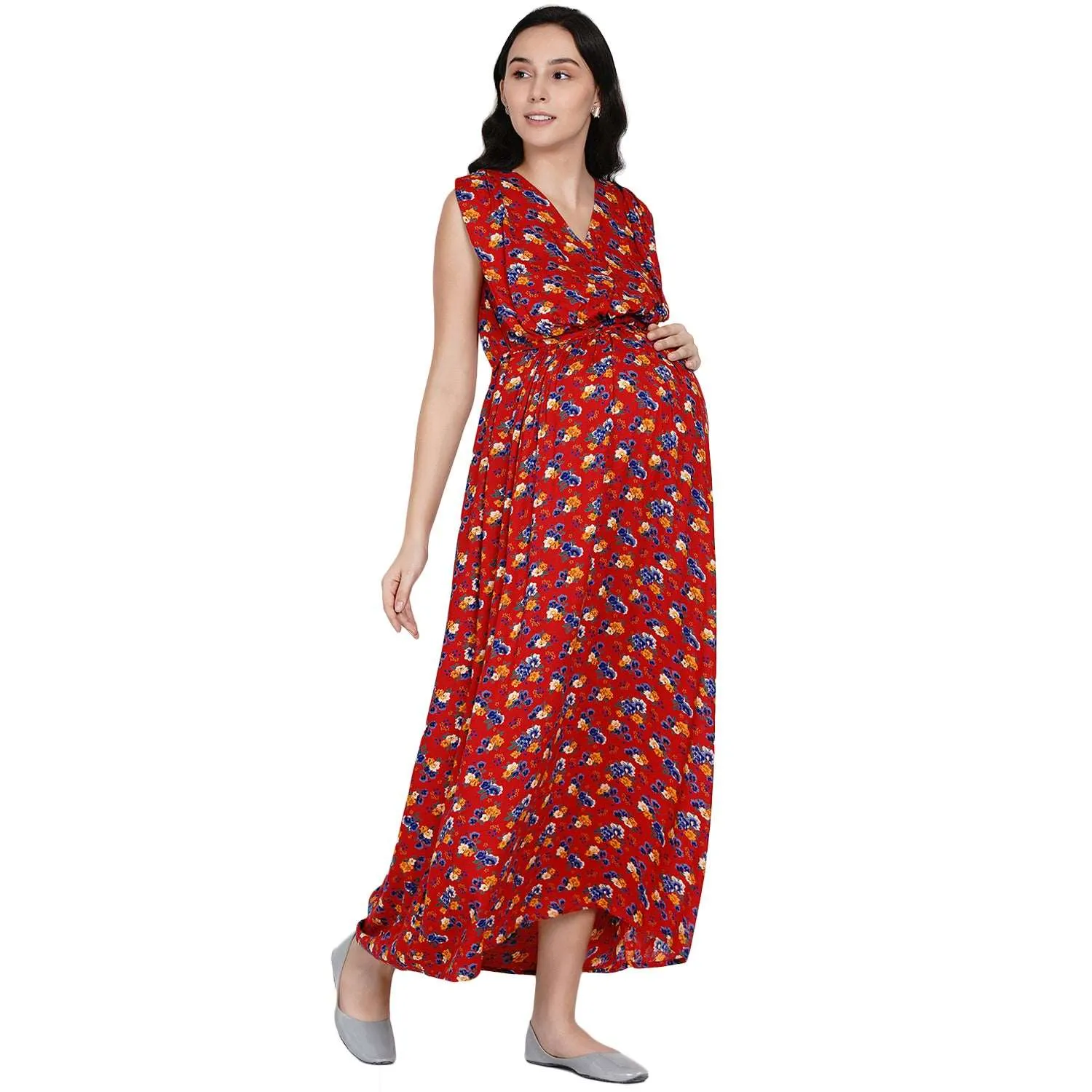 Red Floral Print Maternity Maxi Dress