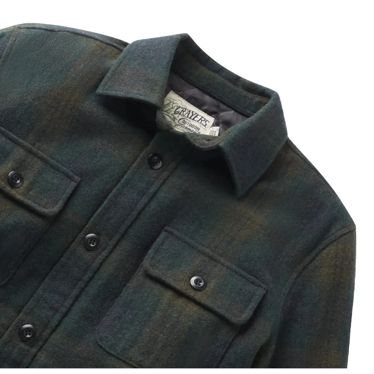 Retro Wool Padded Shirt Jacket Olive Plaid