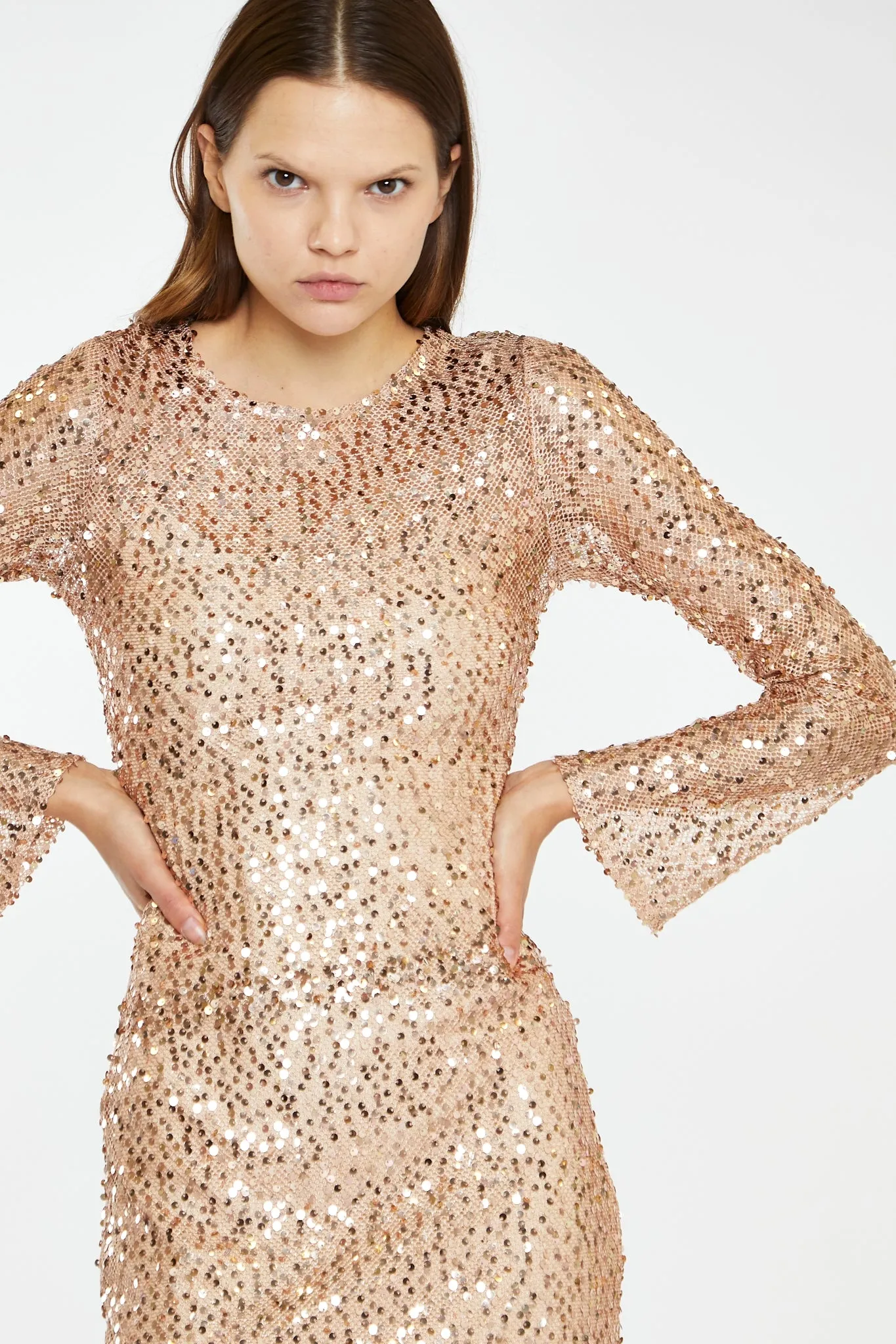 Rose-Gold Sequin Mesh Mini-Dress