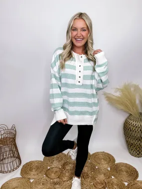 Sage and White Striped Button Down Oversized Sweater