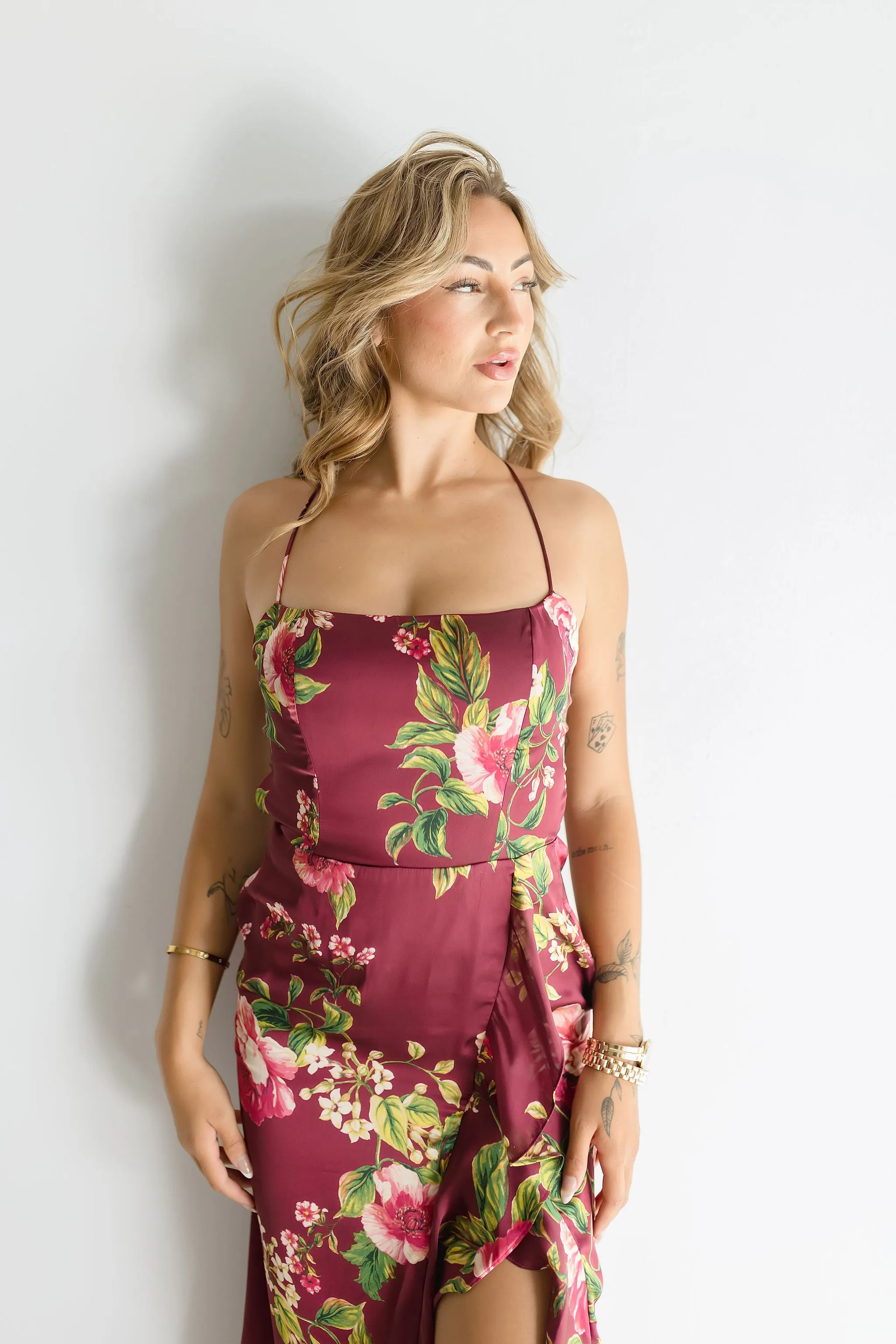 Sami Sleeveless Back Tie Floral Print Maxi Dress Burgundy