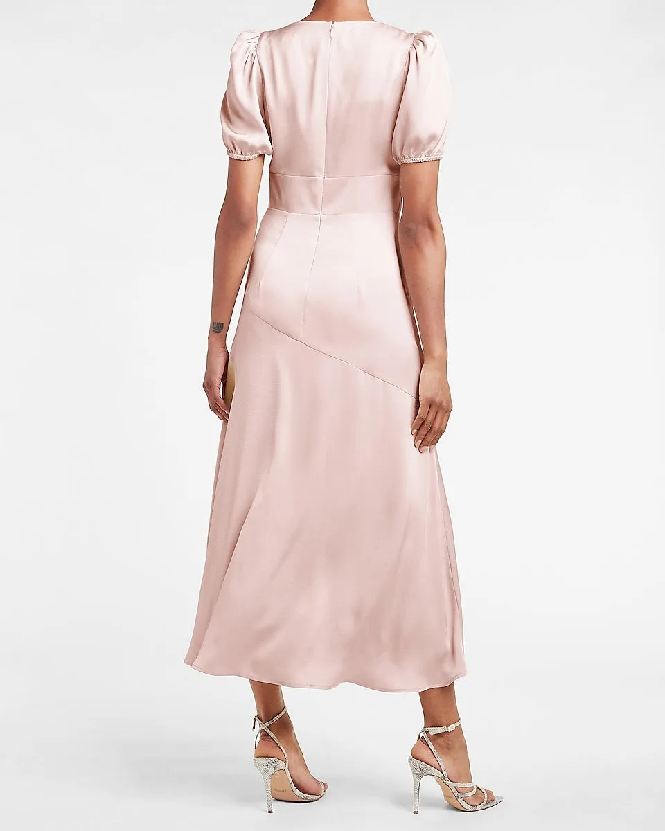 Satin Puff Sleeve V-Neck Maxi Dress in Pale Peony