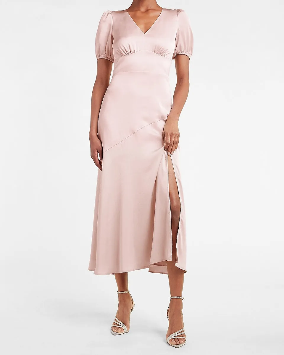 Satin Puff Sleeve V-Neck Maxi Dress in Pale Peony