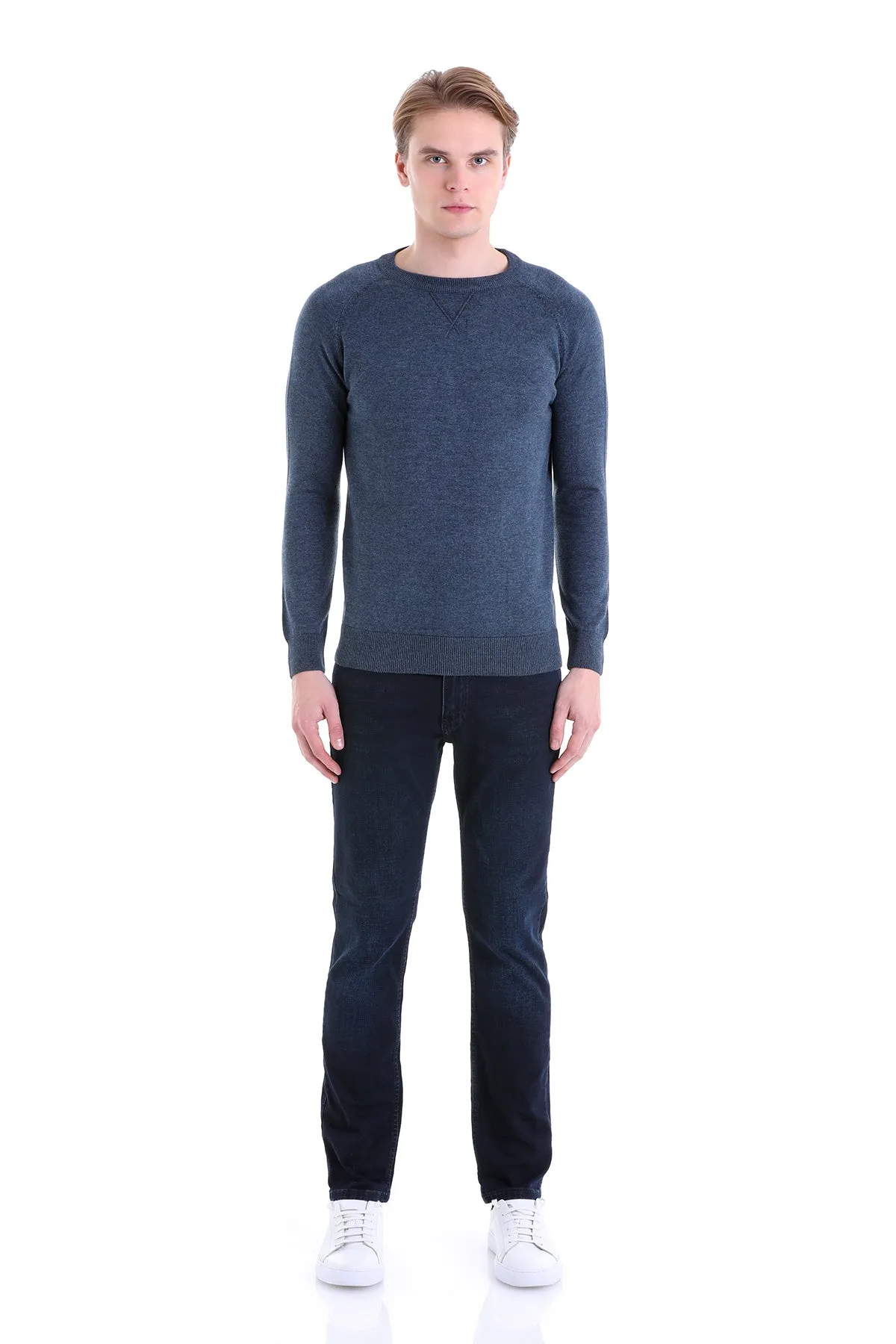 Slim Fit Indigo Cotton Blend Crewneck Sweater