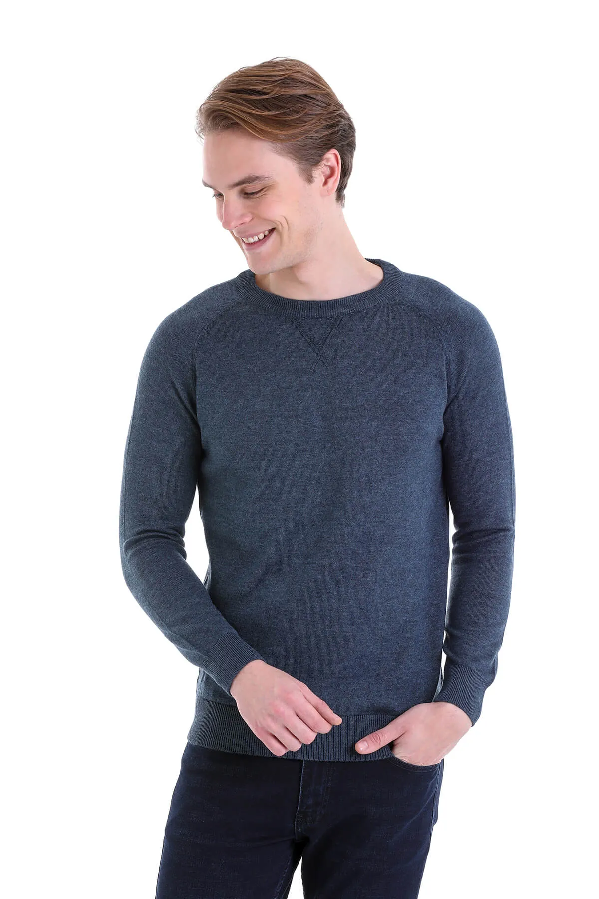 Slim Fit Indigo Cotton Blend Crewneck Sweater