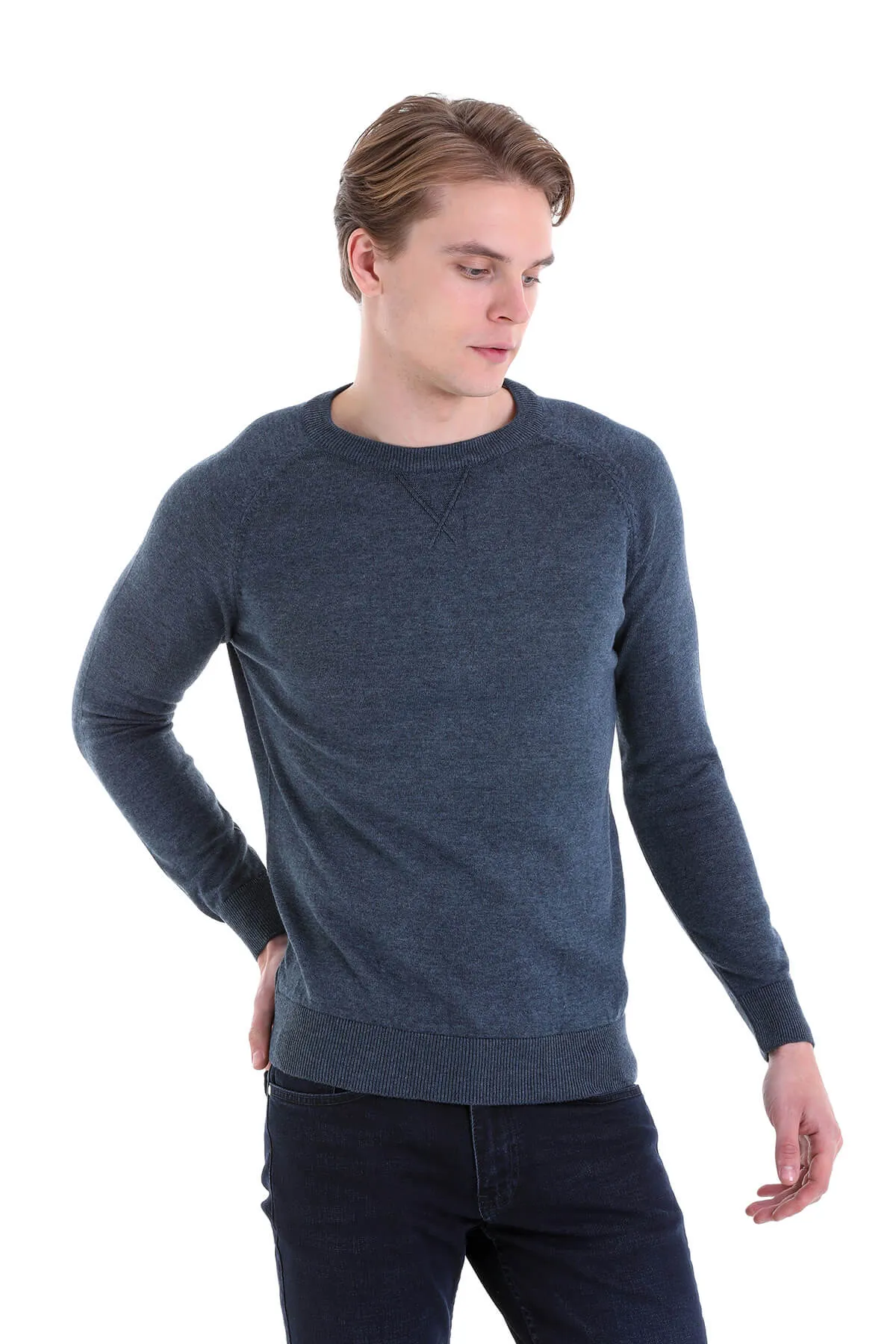 Slim Fit Indigo Cotton Blend Crewneck Sweater