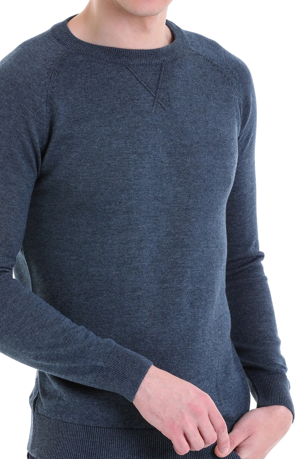 Slim Fit Indigo Cotton Blend Crewneck Sweater