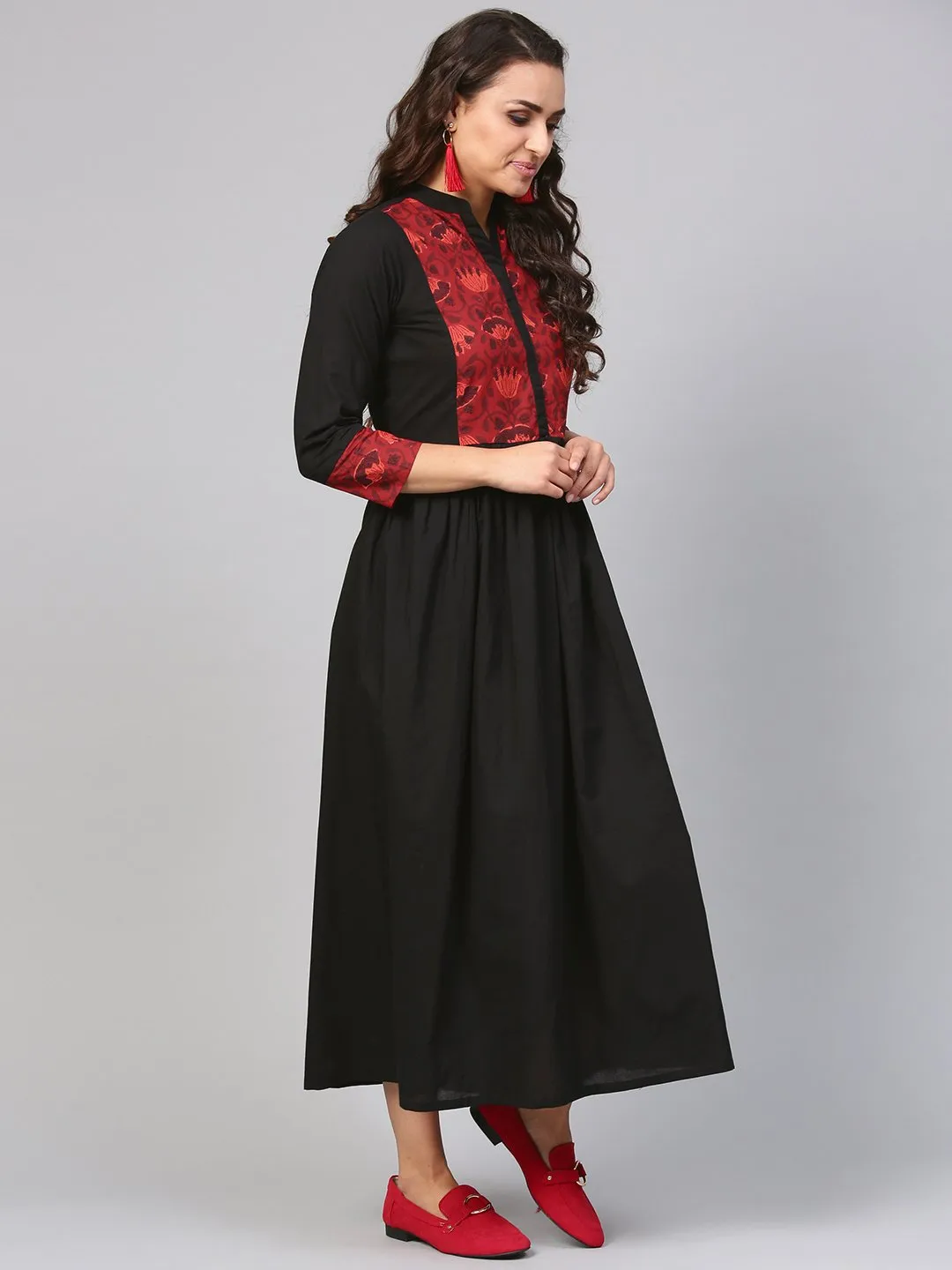 Solid Black Maxi Dress With Printed Front Yoke & Madarin Collar