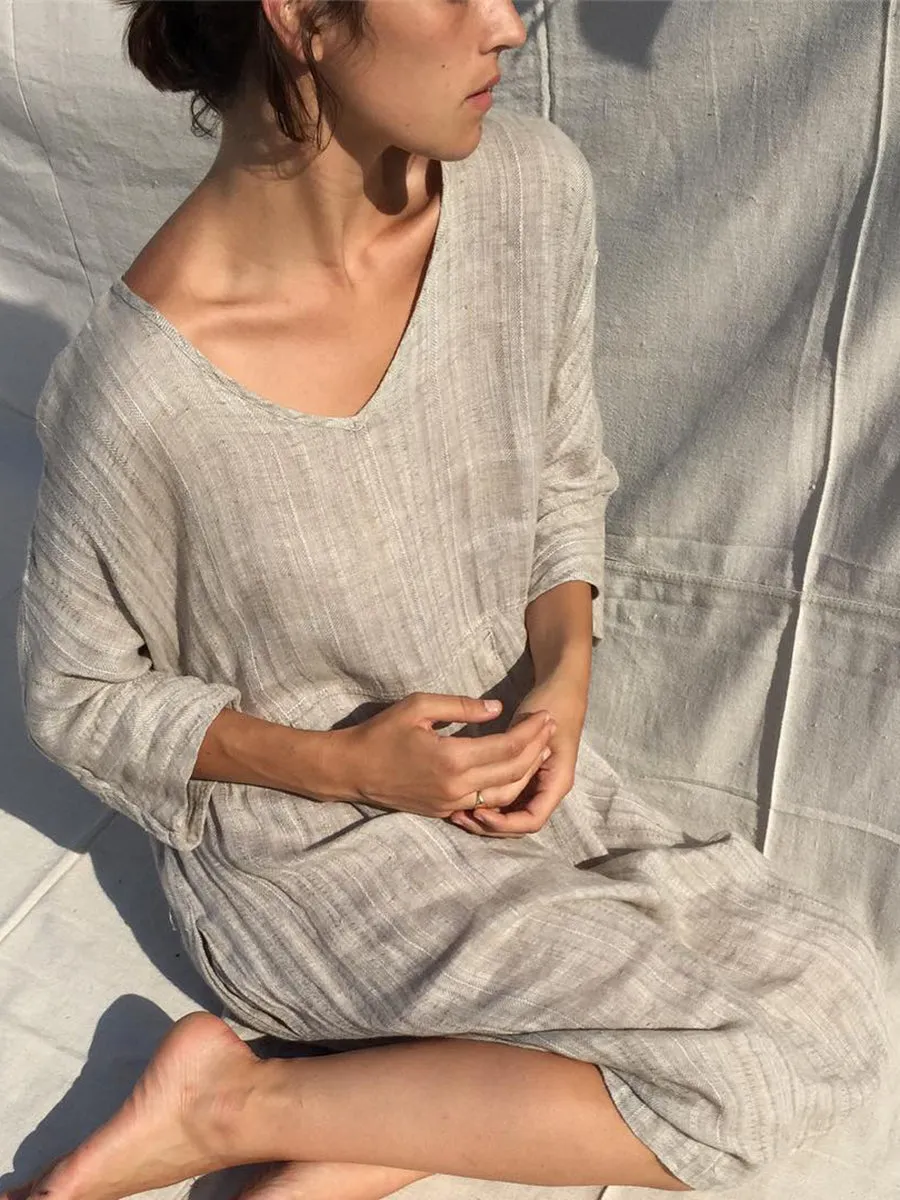 Solid Color V-Neck Cotton and Linen Dress