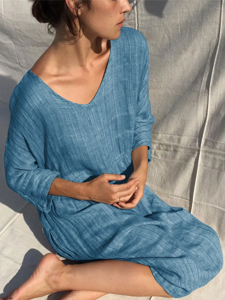 Solid Color V-Neck Cotton and Linen Dress