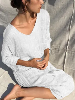 Solid Color V-Neck Cotton and Linen Dress