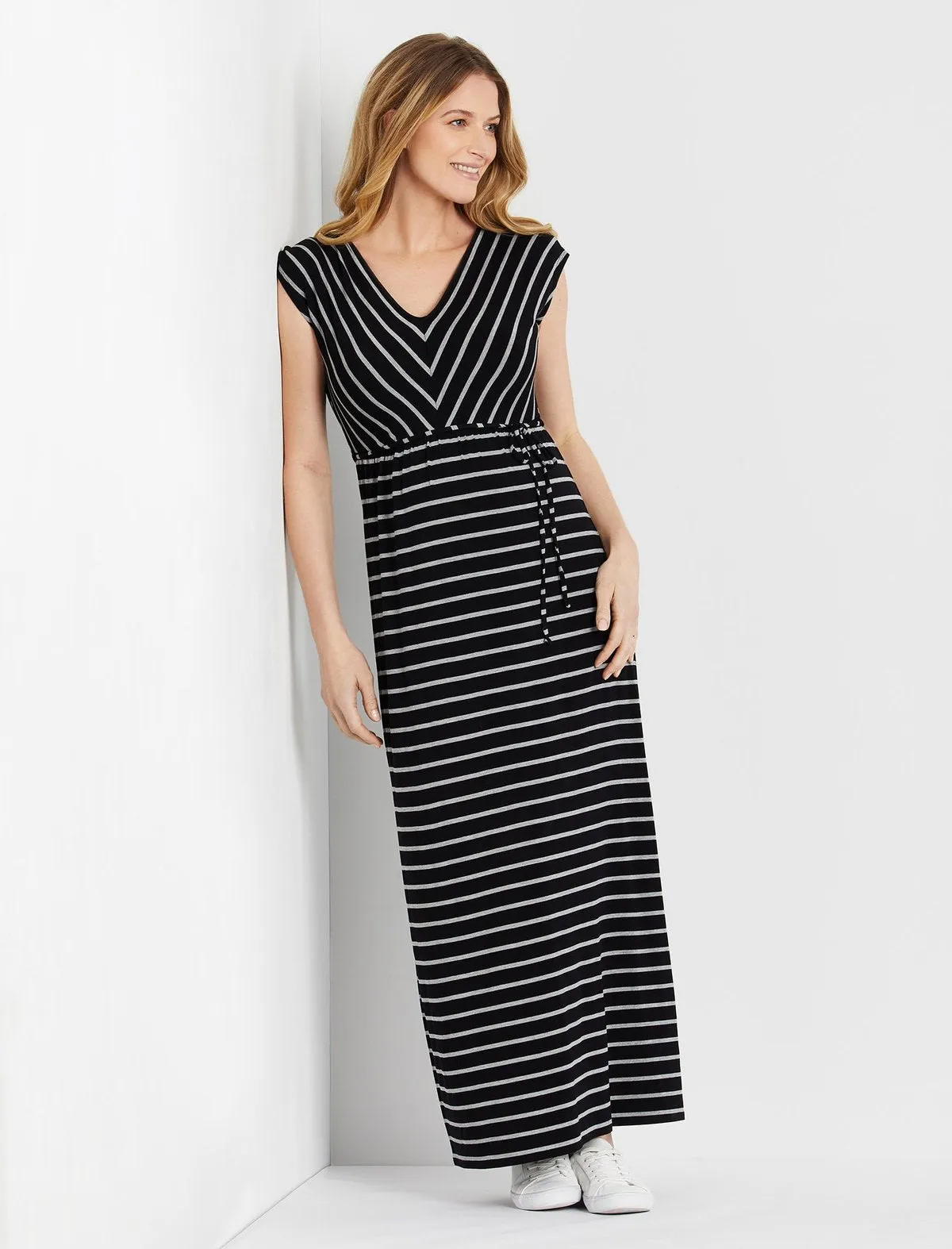 Striped V-Neck Maxi Maternity Dress in Grey Black Stripe