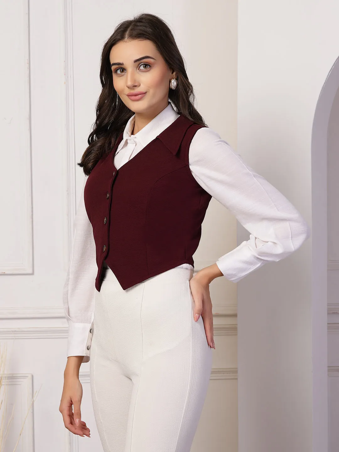 Style Quotient Women Wine Fitted Sleeveless Waistcoat