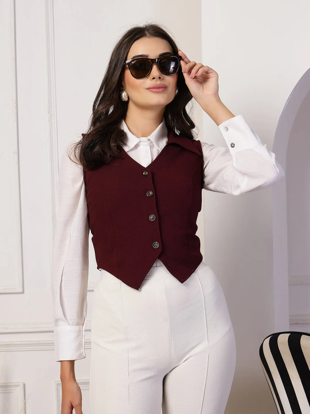 Style Quotient Women Wine Fitted Sleeveless Waistcoat