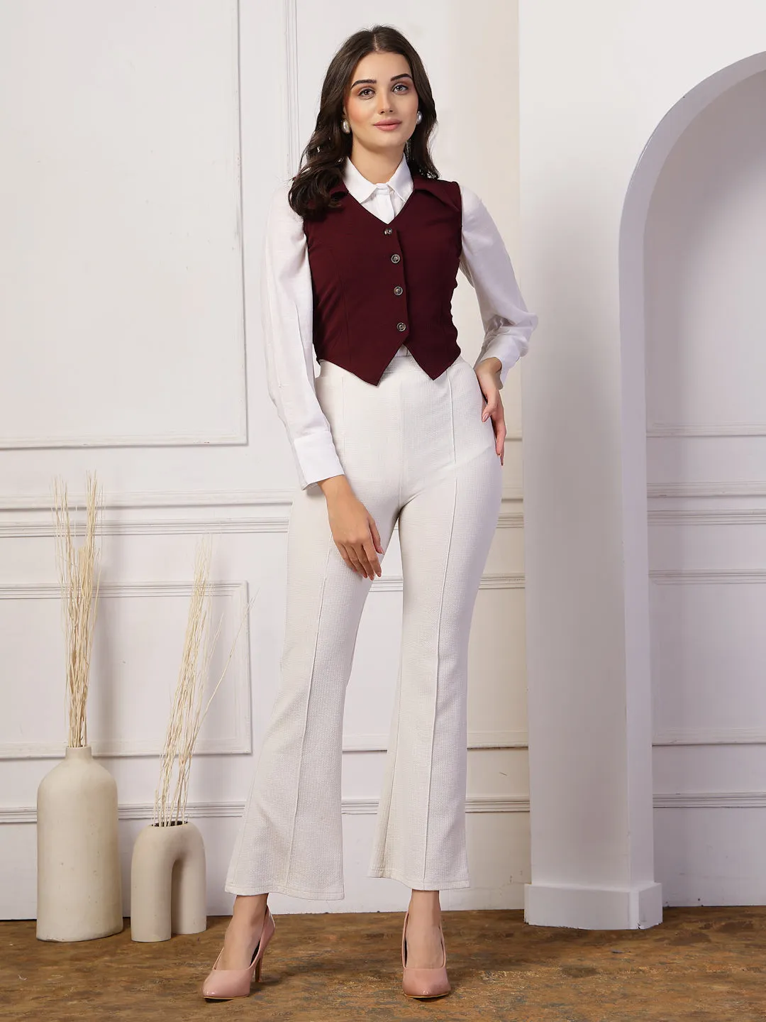 Style Quotient Women Wine Fitted Sleeveless Waistcoat