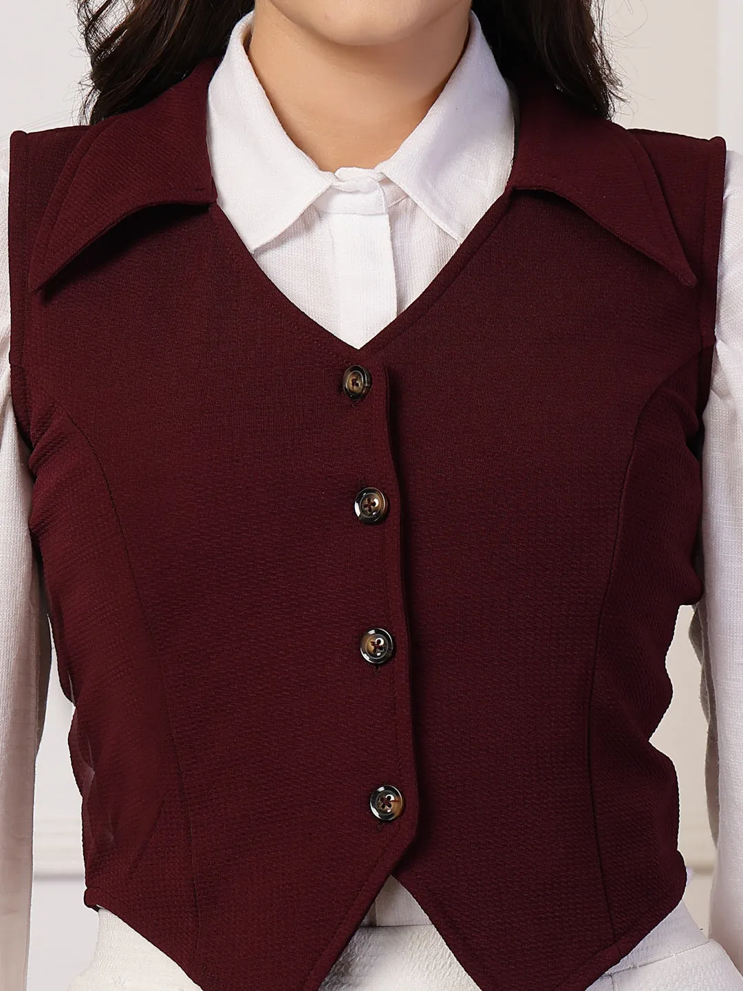 Style Quotient Women Wine Fitted Sleeveless Waistcoat