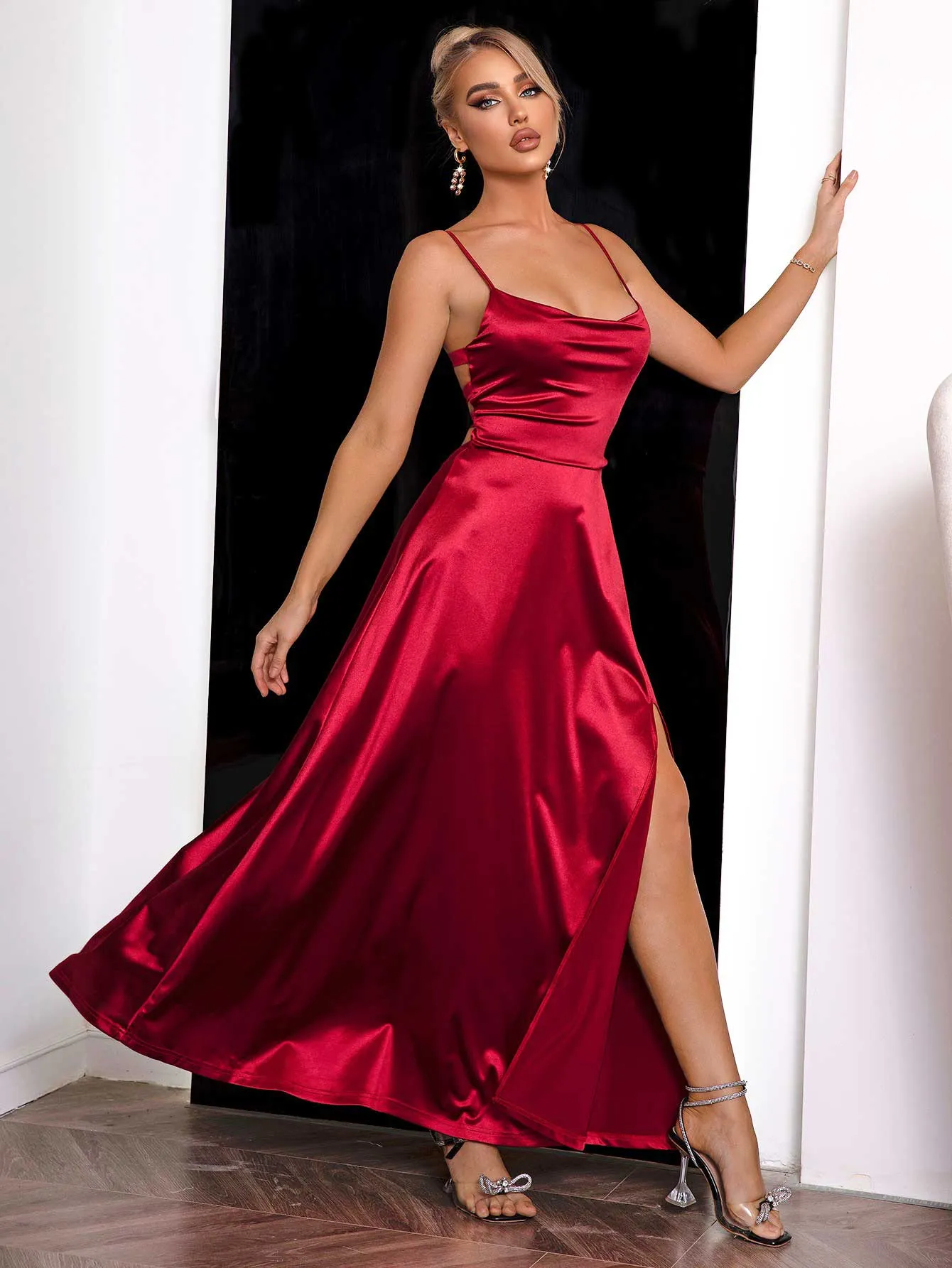 Syrah 80's Vintage Stretch Satin Strappy Gown in Wine