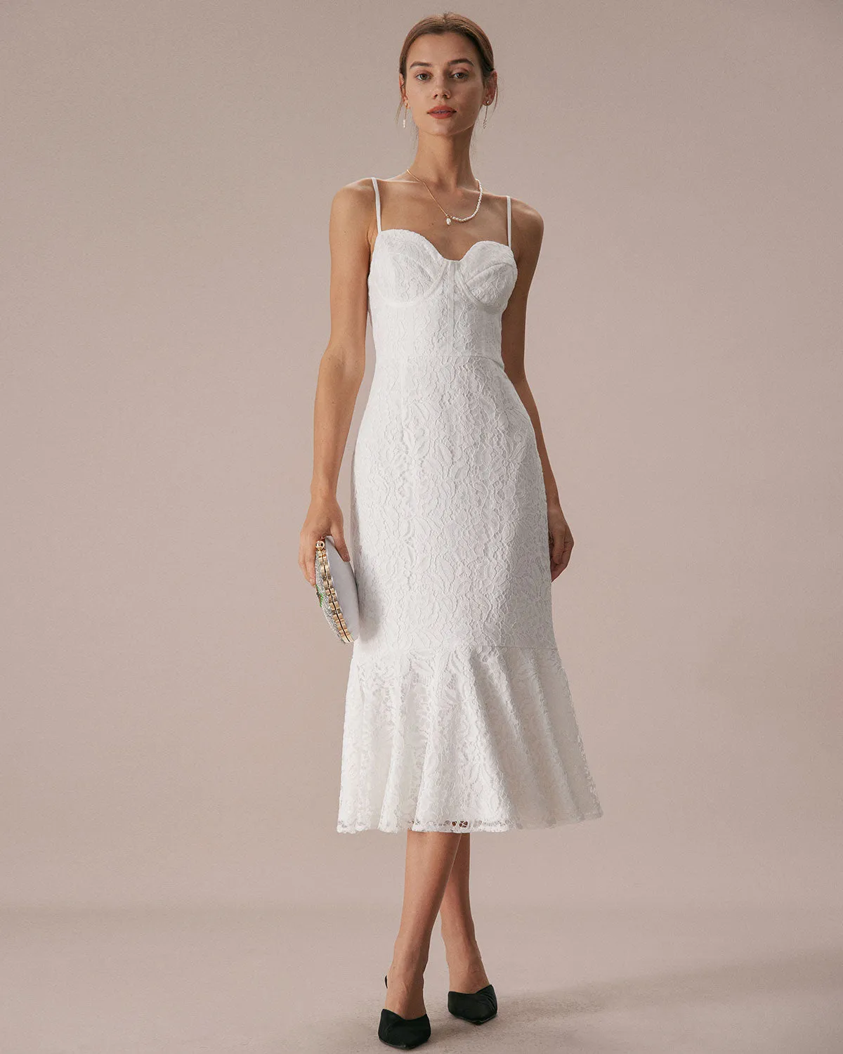 The White Lace Ruffle Slip Mermaid Midi Dress