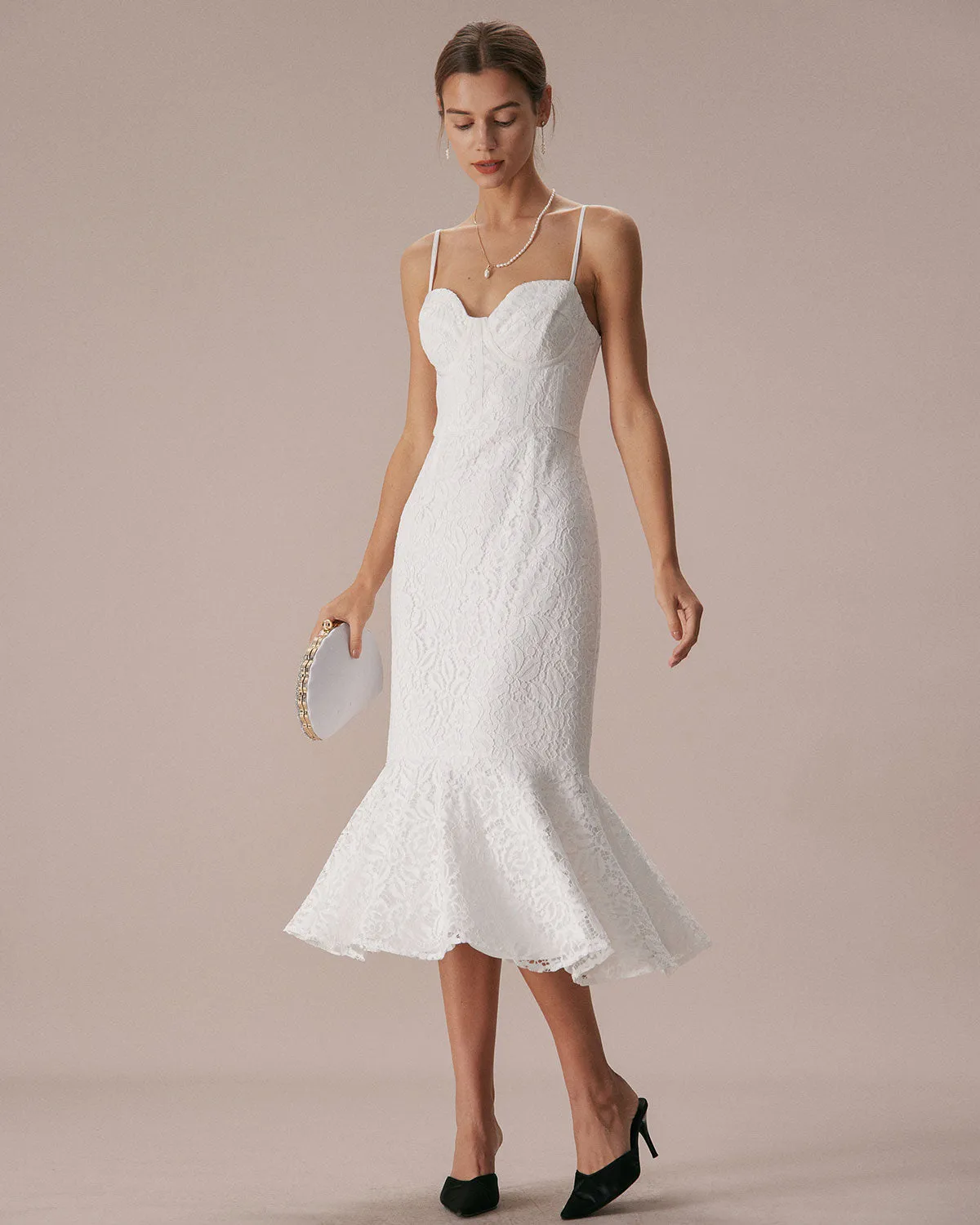 The White Lace Ruffle Slip Mermaid Midi Dress