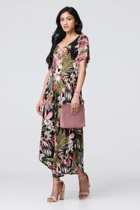 Tropical Print 1/2 Sleeve Maxi Dress