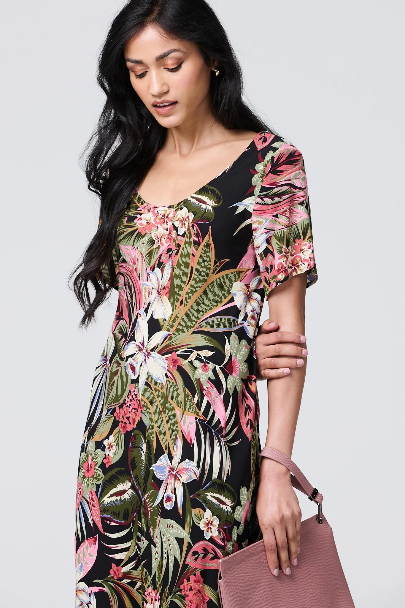 Tropical Print 1/2 Sleeve Maxi Dress