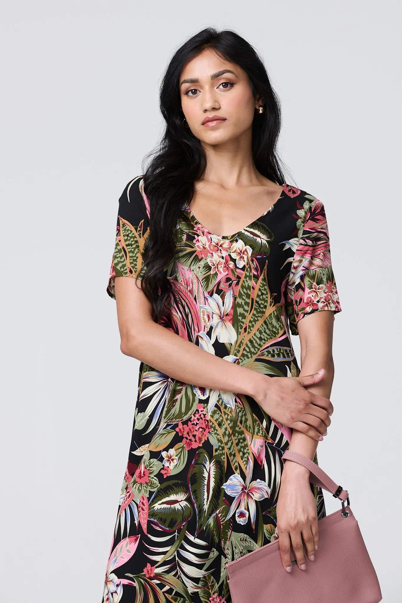 Tropical Print 1/2 Sleeve Maxi Dress