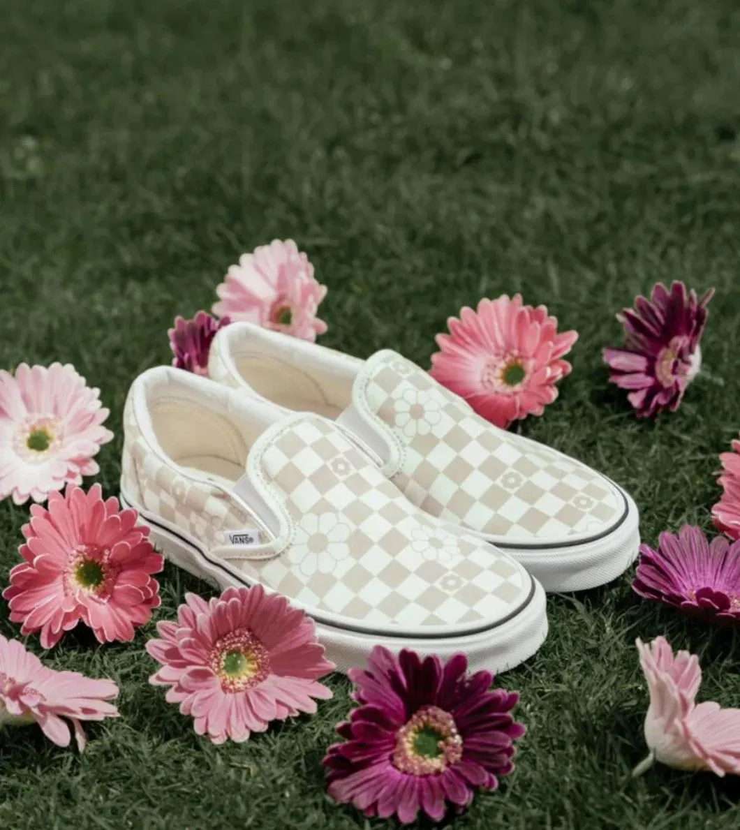 Unisex Vans Classic Slip On Floral Check Marshmallow Shoes