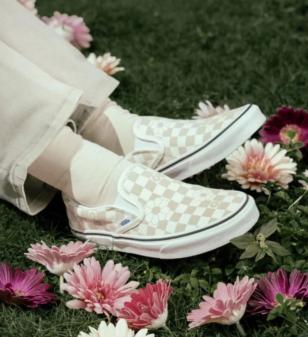 Unisex Vans Classic Slip On Floral Check Marshmallow Shoes