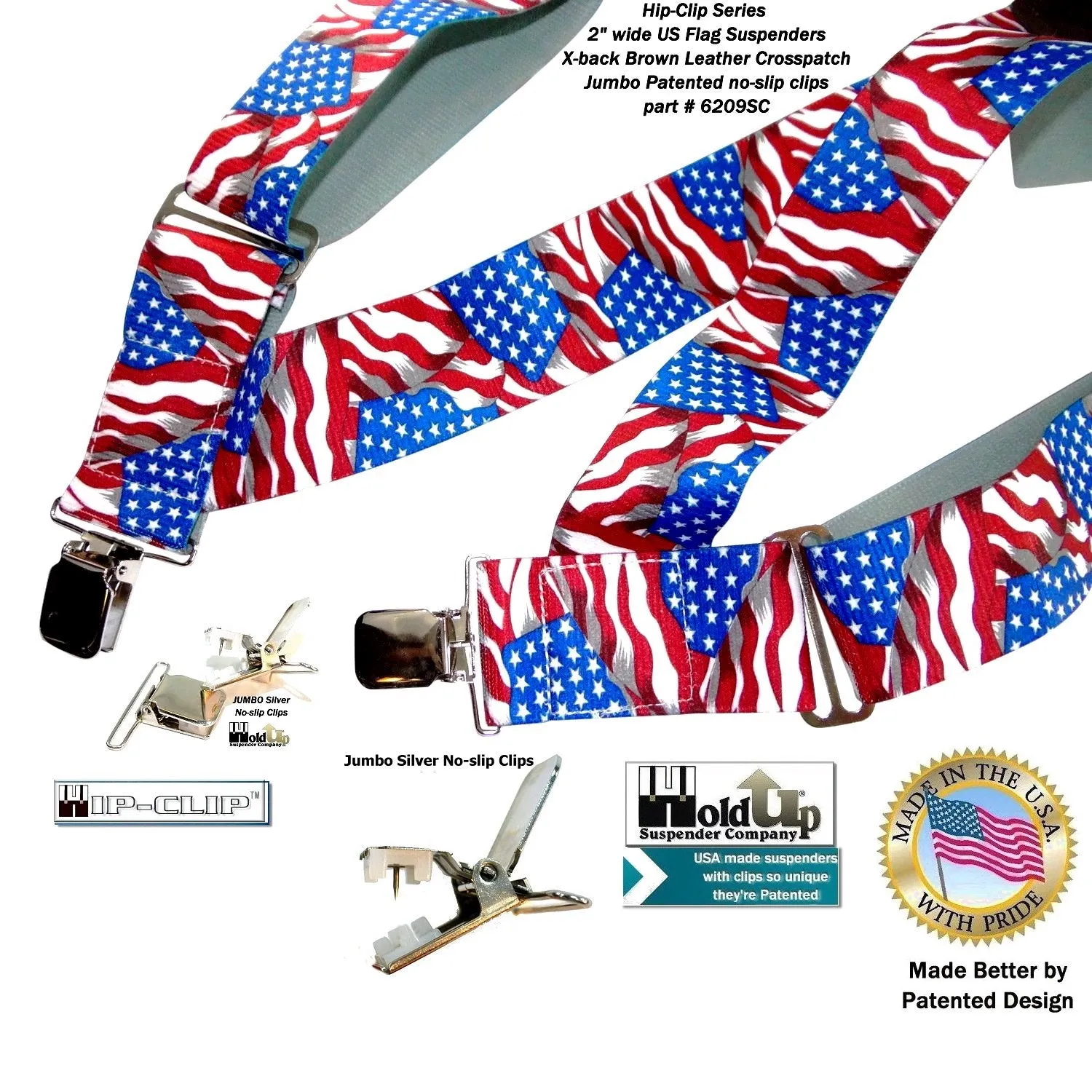 USA Flag pattern Holdup Hip-Clip 2 inch wide suspenders with Patented Jumbo silver tone  no-slip clips