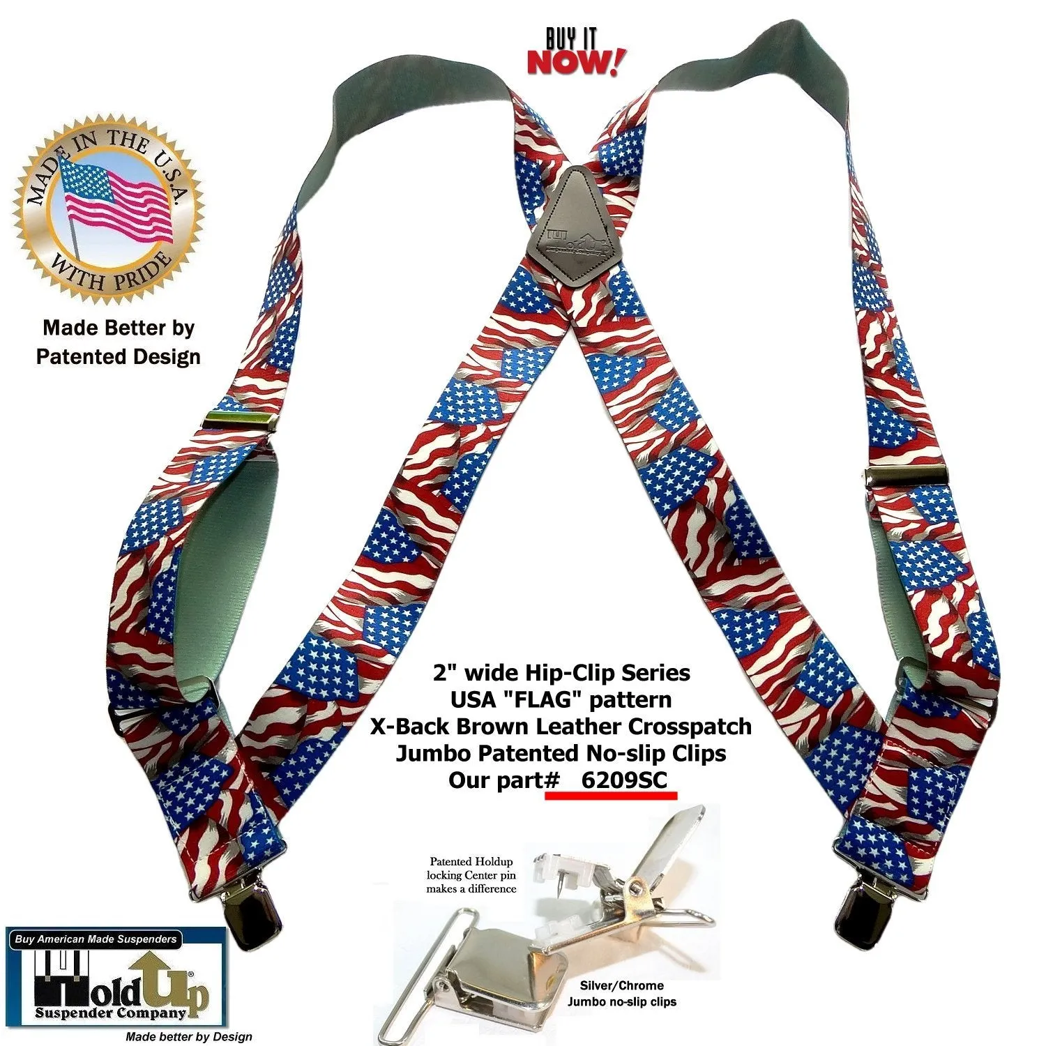 USA Flag pattern Holdup Hip-Clip 2 inch wide suspenders with Patented Jumbo silver tone  no-slip clips