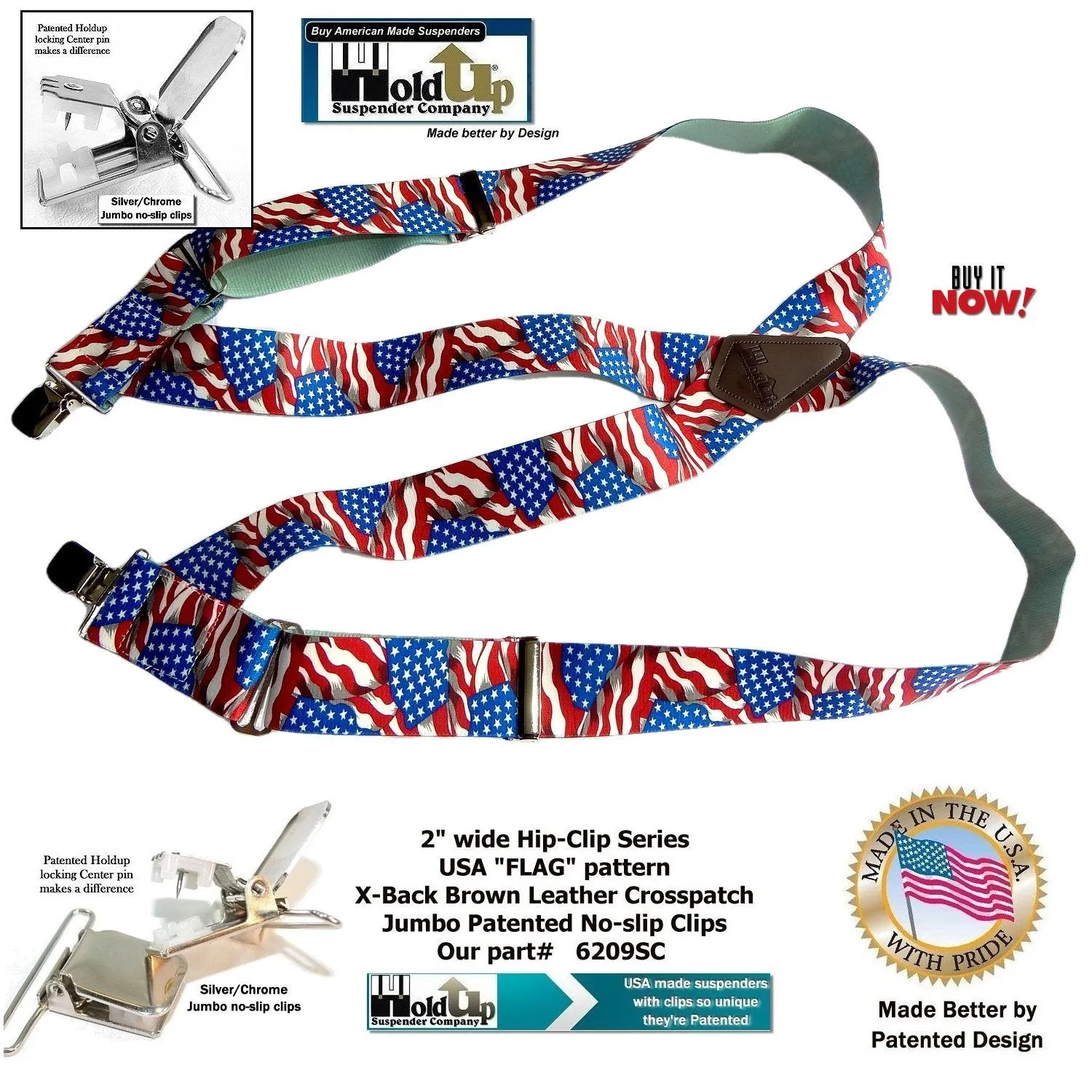 USA Flag pattern Holdup Hip-Clip 2 inch wide suspenders with Patented Jumbo silver tone  no-slip clips