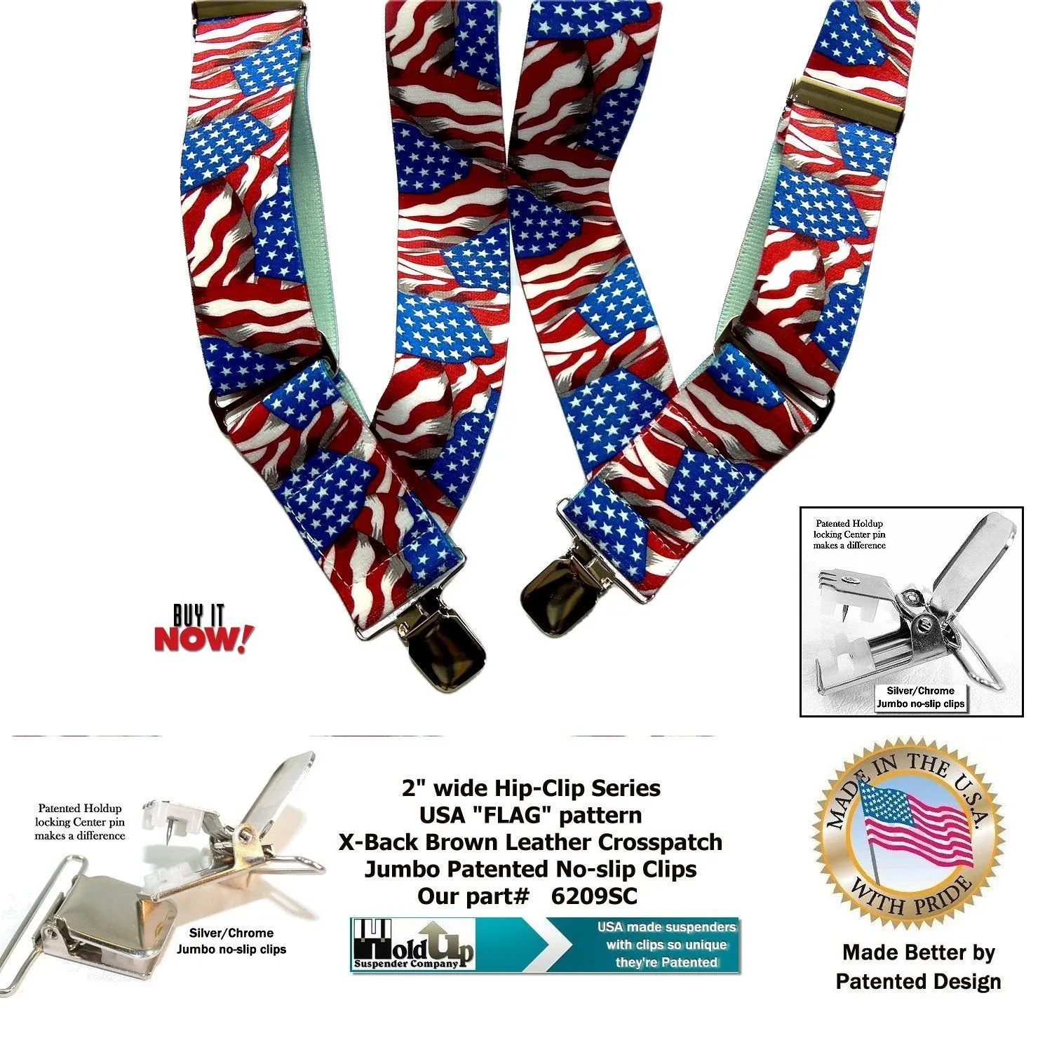 USA Flag pattern Holdup Hip-Clip 2 inch wide suspenders with Patented Jumbo silver tone  no-slip clips