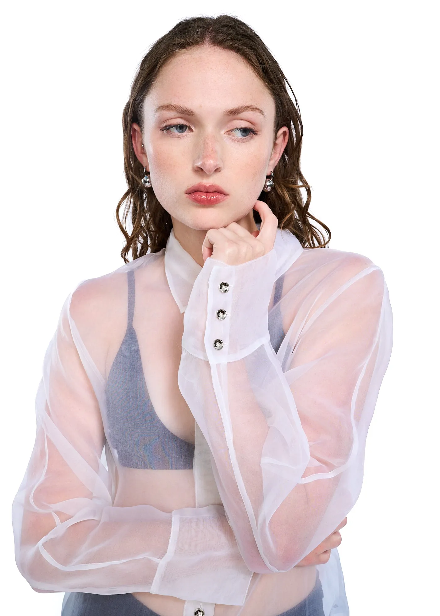 VIAVIA  100% Silk Sheer Button Down Shirt in Bright White