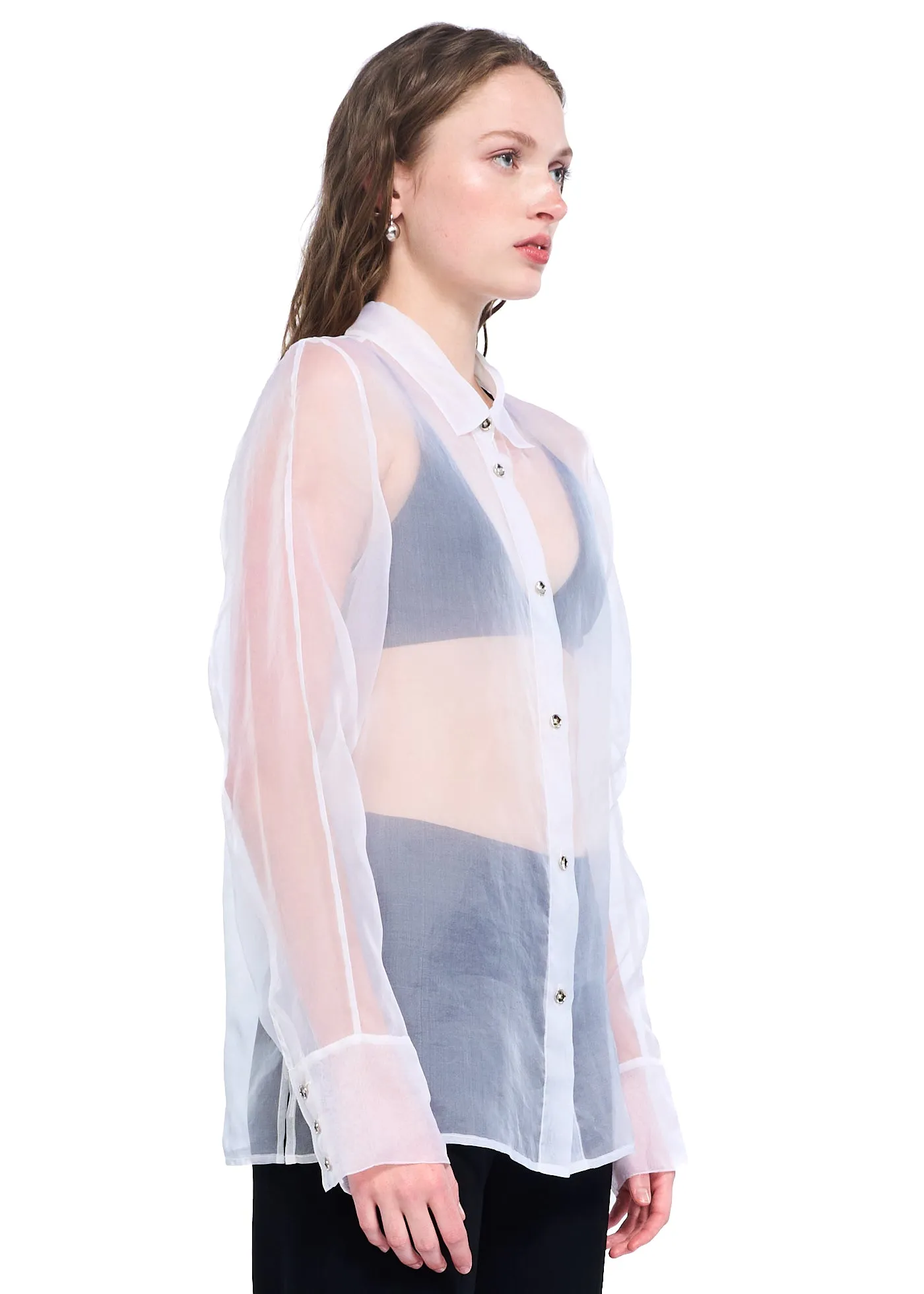 VIAVIA  100% Silk Sheer Button Down Shirt in Bright White