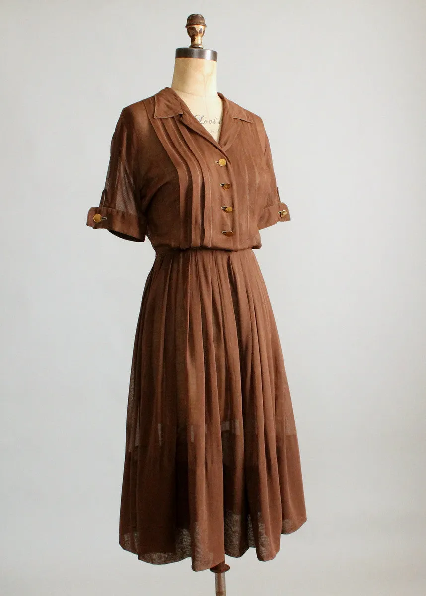 Vintage 1950s Sheer Brown Cotton Shirt Dress