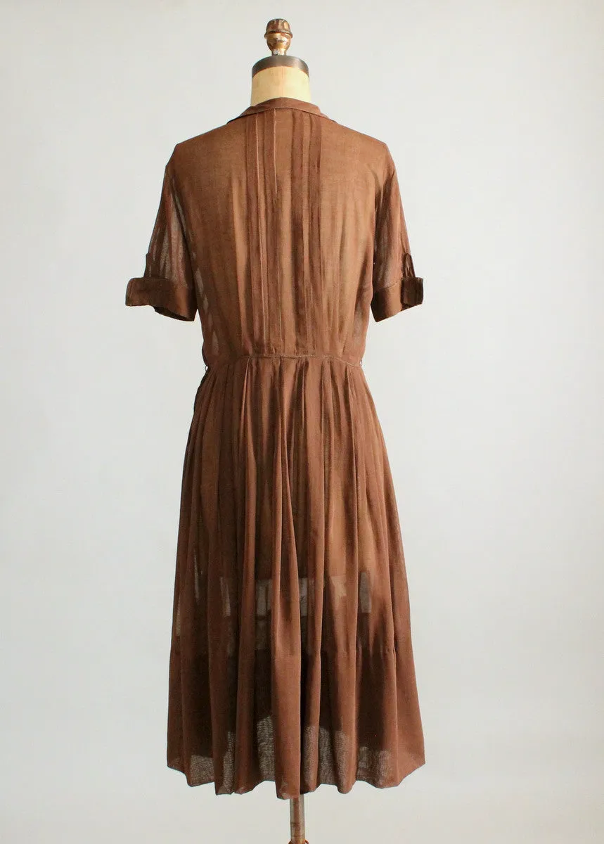 Vintage 1950s Sheer Brown Cotton Shirt Dress